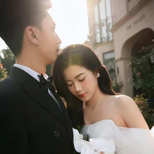 The bride resting her head against the groom's chest while holding a white bouquet at The Nest, Đà Lạt