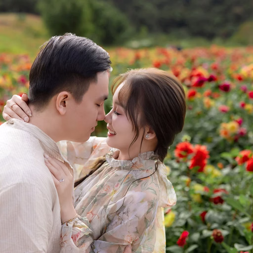 Cặp đôi ghé sát mặt nhau giữa vườn hoa nhiều màu tại Hoa Trong Rừng, Đà Lạt