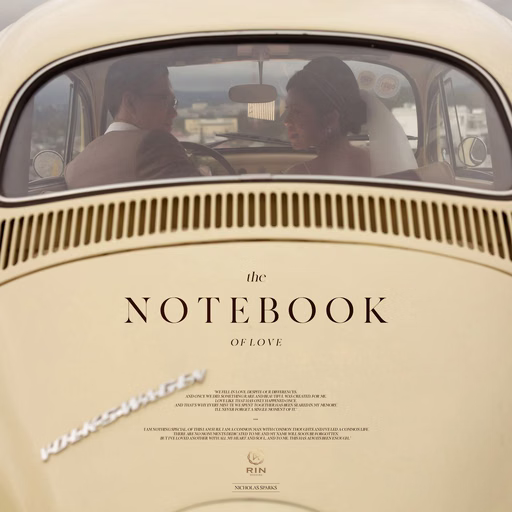 The couple look at each other through the rear window of a cream vintage car.