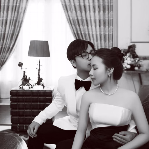 Black-and-white wedding photograph of a couple seated beside a window.