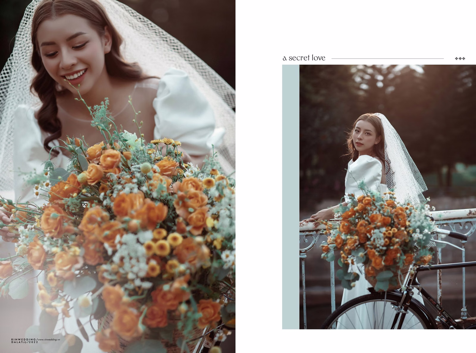Collage of the bride and an orange bouquet in a bicycle basket.