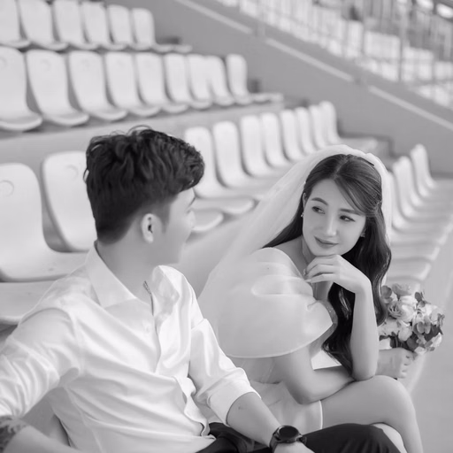 Black-and-white photograph of a couple leaning together on stadium seats.