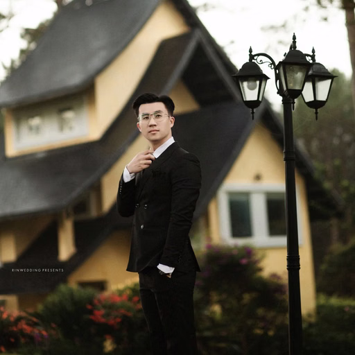 The groom adjusts his bow tie before a steep-roofed villa in the resort.