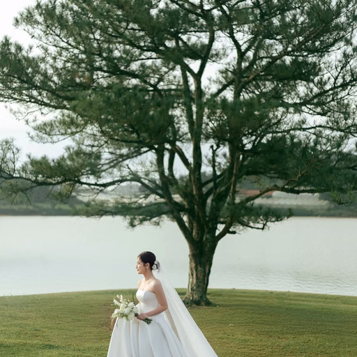 The bride in a white dress beneath the solitary lakeside pine at Cây Thông Cô Đơn, Da Lat