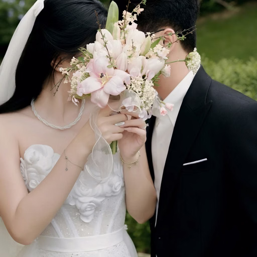 The bride and groom kissing behind a pale pink bouquet in a café garden.