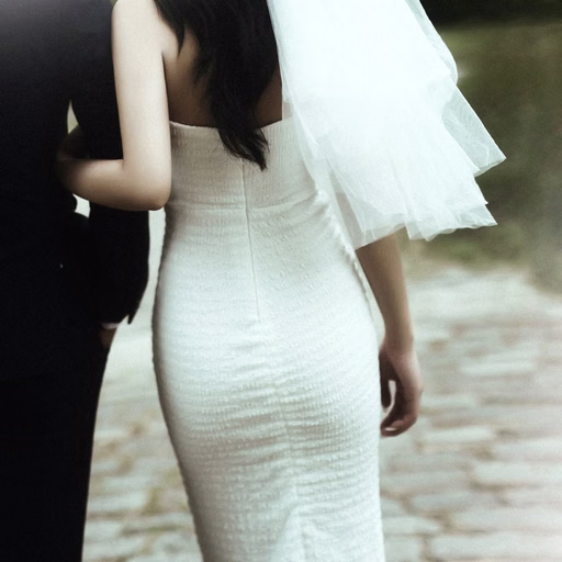 The bride in a fitted gown and veil, viewed from behind.