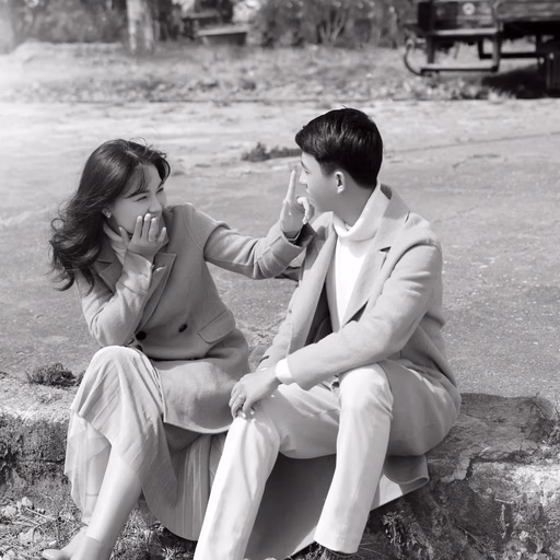 Black-and-white photograph of the couple sitting on stone steps at Ga Đà Lạt.
