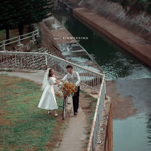 The couple walks on a lakeside path at Công Viên Ánh Sáng Đà Lạt.