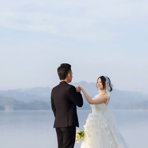 The couple hold hands and turn toward each other by the lake at Cây Thông Cô Đơn, Đà Lạt