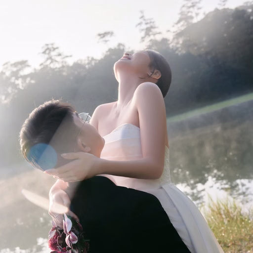 Chú rể nâng cô dâu bên hồ dưới ánh nắng dịu.