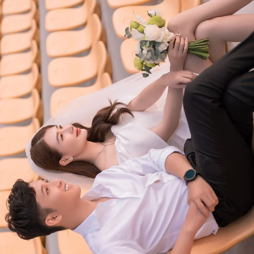 A couple reclining together on yellow stadium seats.