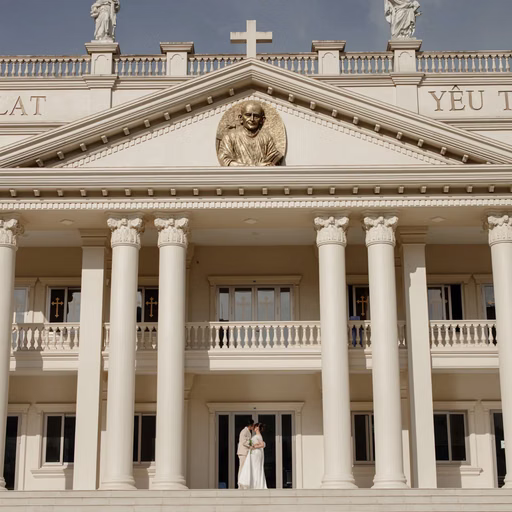 The couple stands beneath columns at Nhà thờ Don Bosco