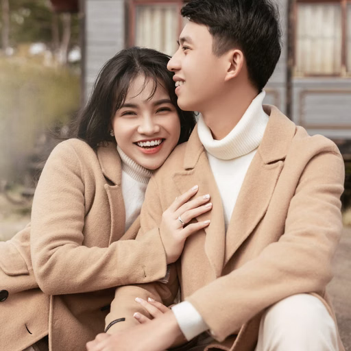 The couple sits leaning together and laughing at Ga Đà Lạt.