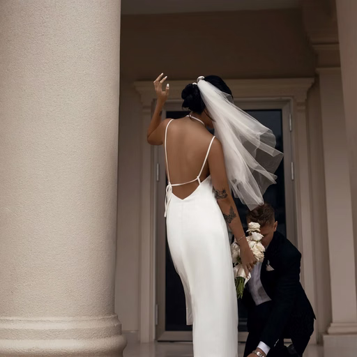 The bride poses beside a stone column with the groom in a Don Bosco corridor.