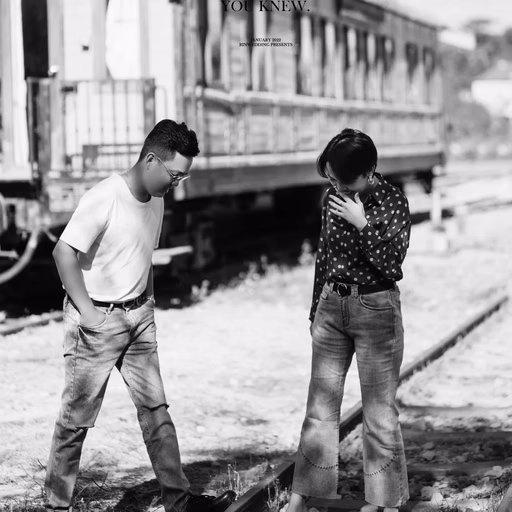 Black-and-white image of the couple holding hands on the Ga Đà Lạt railway tracks.