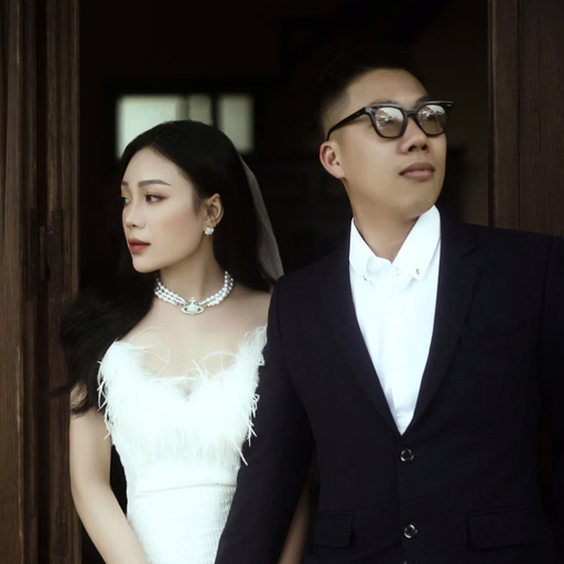 The couple holds hands before a villa's wooden door.
