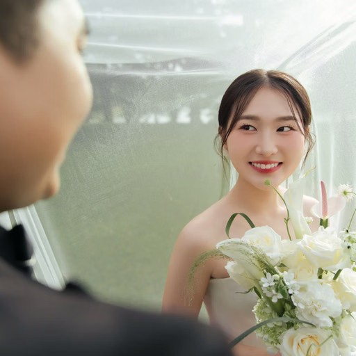 The bride holds flowers and looks at the groom as he lifts her veil at Cây Thông Cô Đơn, Đà Lạt