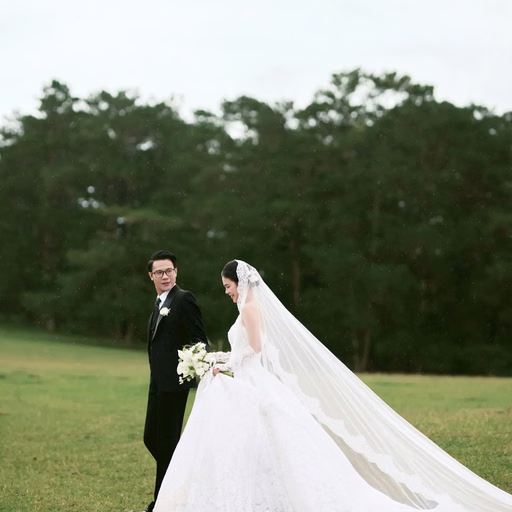A couple standing on a meadow with a long veil spread behind them at Cây Thông Cô Đơn, Đà Lạt