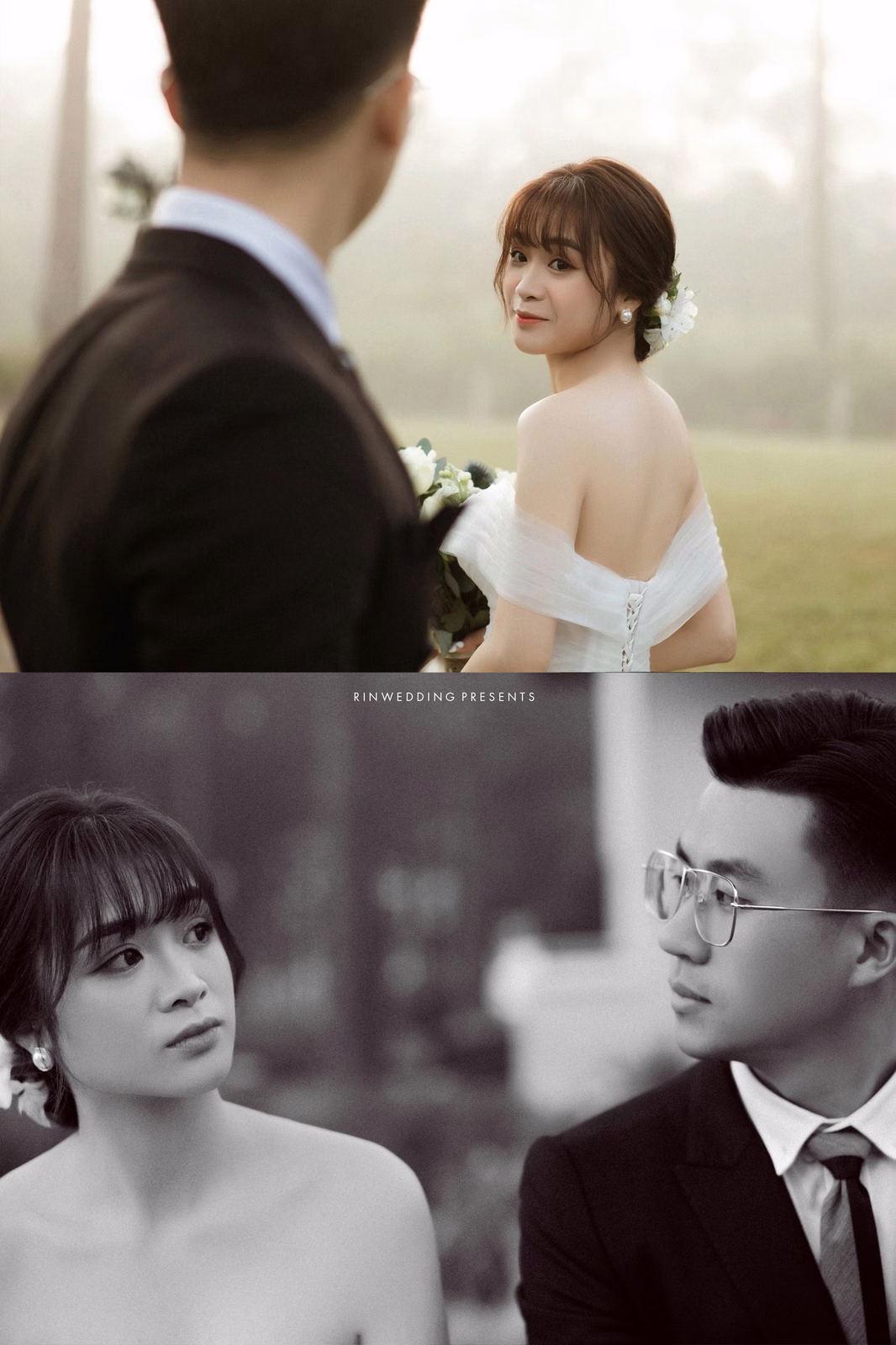 Photo collage of bride and groom portraits in the resort grounds.