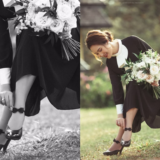 Collage of bridal portraits in a black dress holding white flowers.