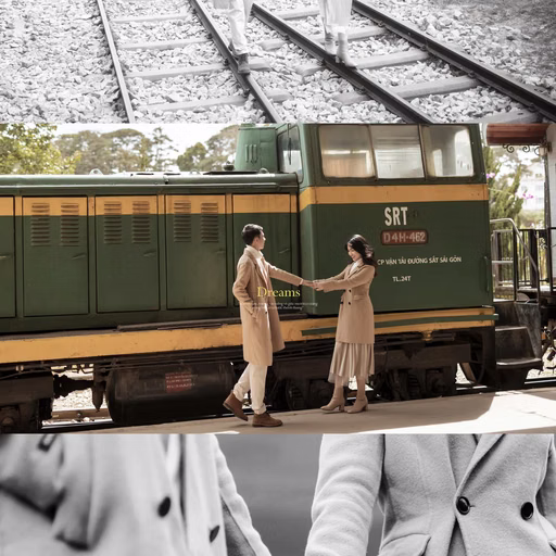 Collage of the couple beside a train carriage, railway tracks and a hand-holding detail.