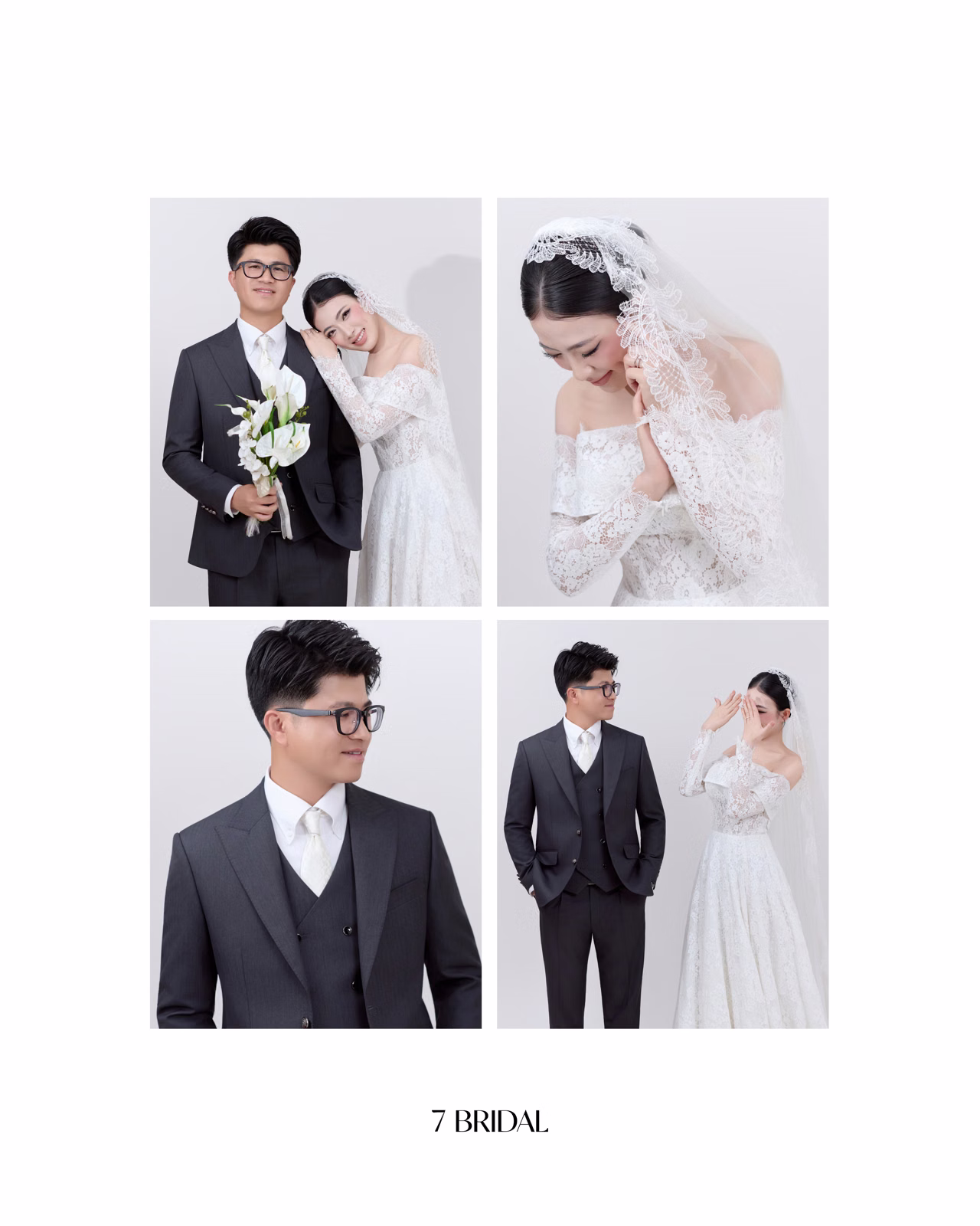 Four frames of a couple in wedding attire against a white backdrop.