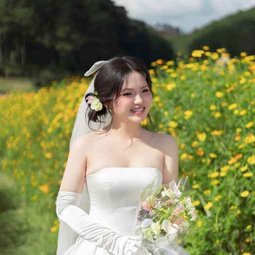 Cô dâu mặc váy trắng cầm hoa bên luống hoa vàng tại Hoa Trong Rừng, Đà Lạt