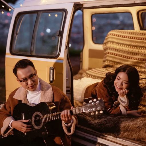 A groom plays guitar beside the bride at the doorway of a camper decorated with string lights.