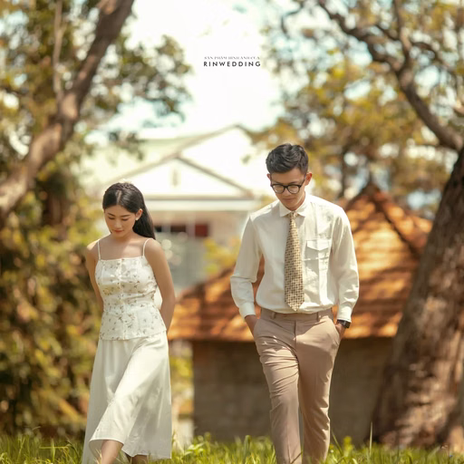 A bride and groom hold hands while crossing the lawn at Dinh Tỉnh Trưởng.