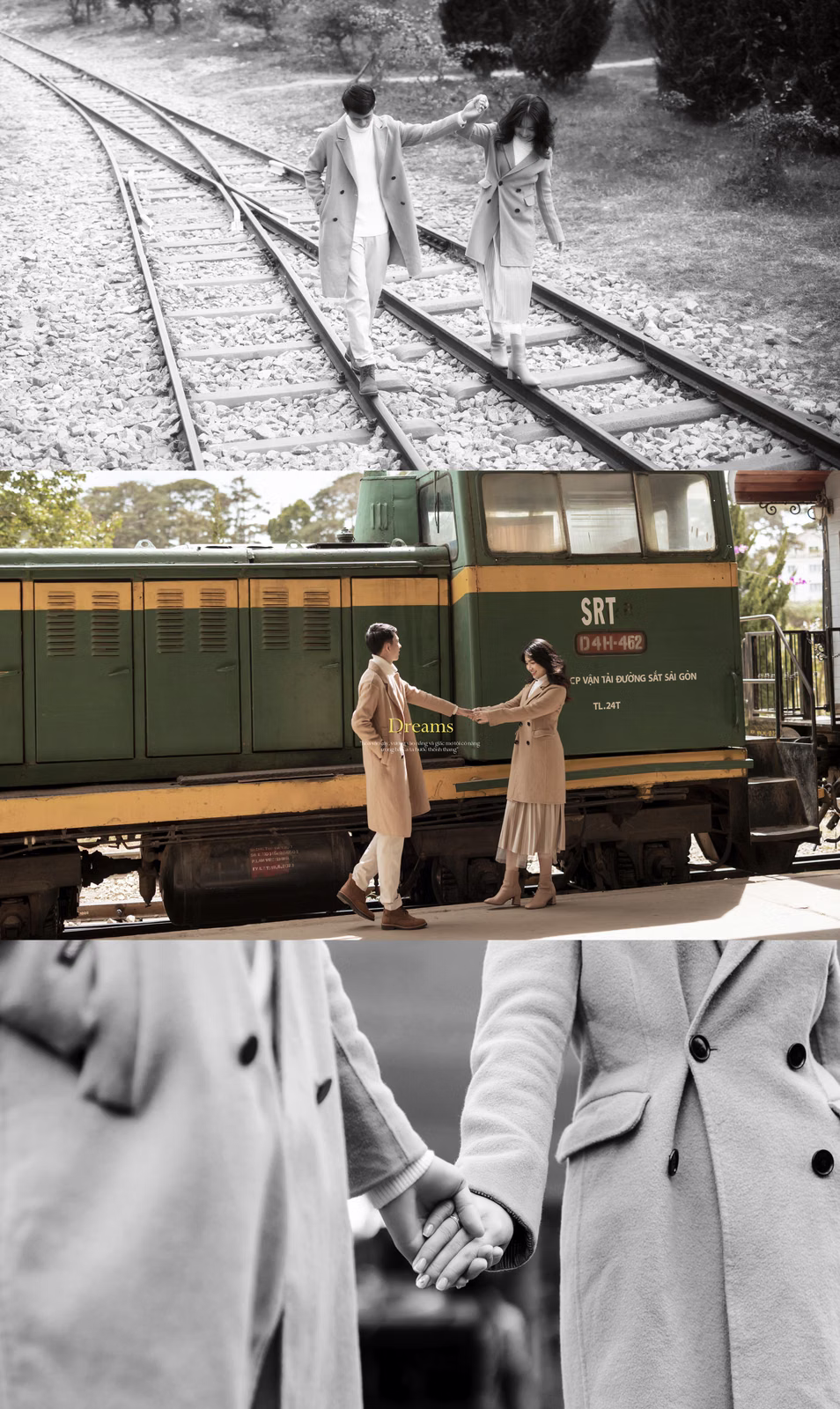 Collage of the couple beside a train carriage, railway tracks and a hand-holding detail.
