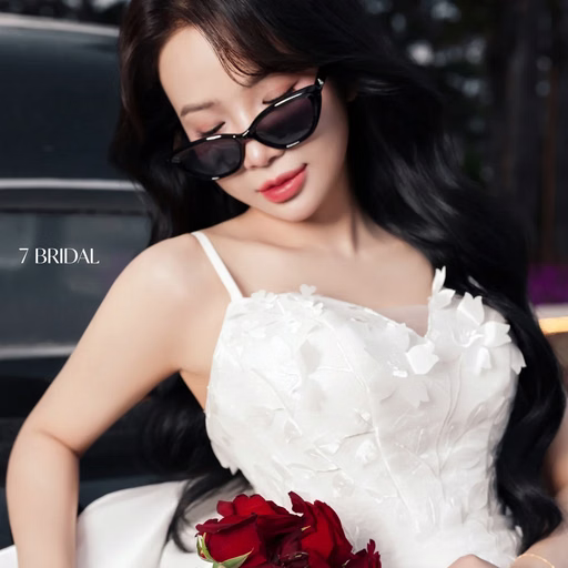 Close-up of the bride in sunglasses holding red roses.