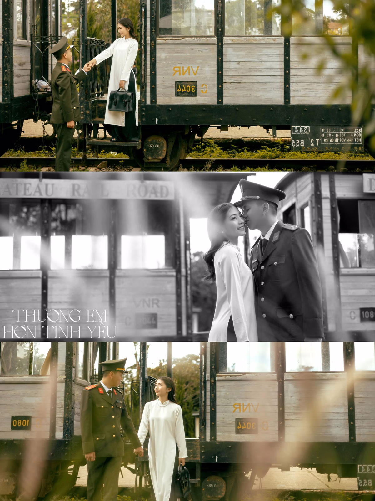 Photo collage of the couple beside a vintage carriage at Ga Đà Lạt.