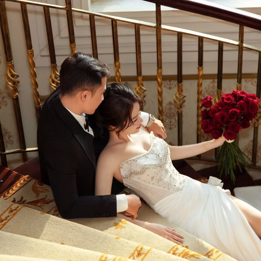 The bride and groom sit close on stairs with a red bouquet.
