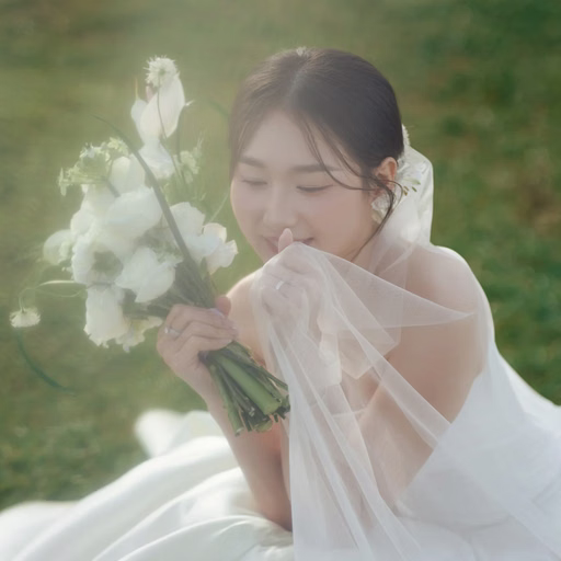 A bride holds flowers beneath a veil on the grass at Cây Thông Cô Đơn, Đà Lạt
