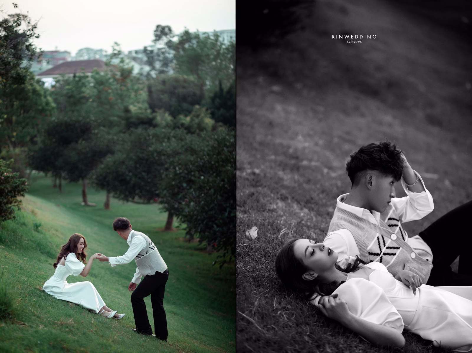 A collage of a couple playing on the lawn at Công Viên Ánh Sáng.