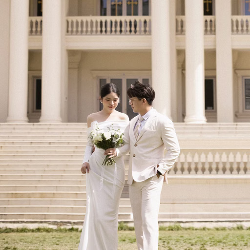 A bride and groom in white outfits together at Nhà thờ Don Bosco