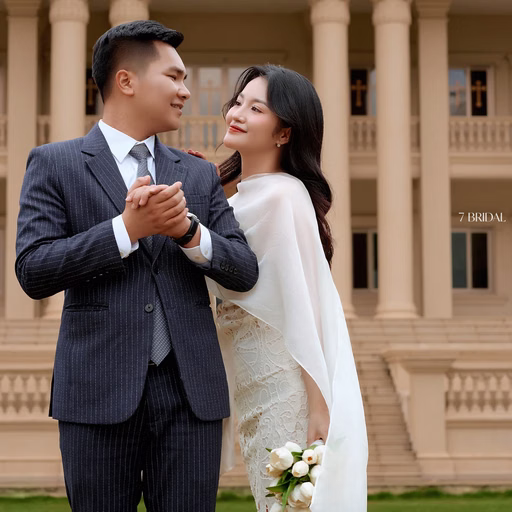 The bride and groom look at each other on the lawn at Nhà thờ Don Bosco