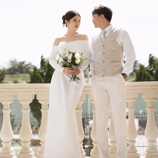 A bride and groom stand on the balcony at Nhà thờ Don Bosco
