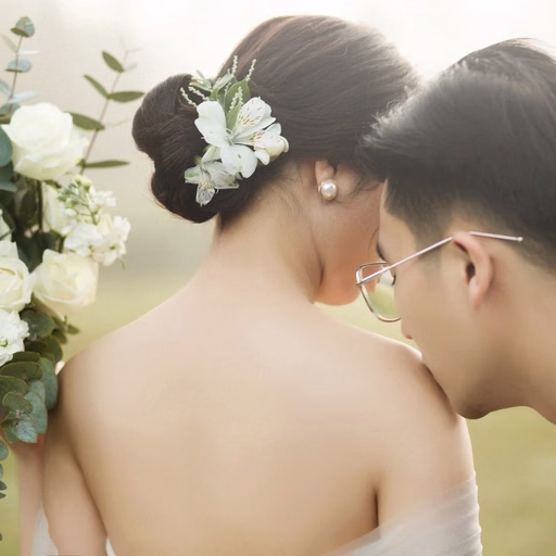 Close-up of a groom kissing the shoulder of a bride with white flowers in her hair.
