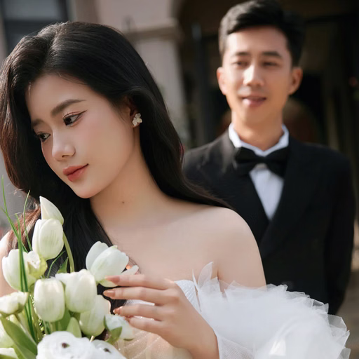 The bride holds a white bouquet with the groom standing behind at The Nest, Đà Lạt