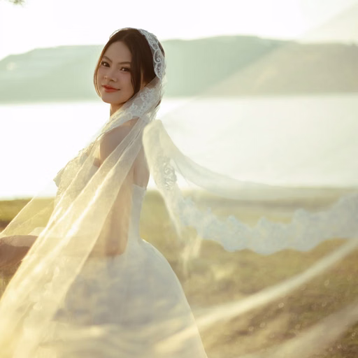 The bride looks back through her flowing veil beside the lake at Cây Thông Cô Đơn, Đà Lạt