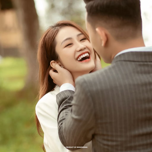 Close-up of the bride smiling as the groom lifts her chin.