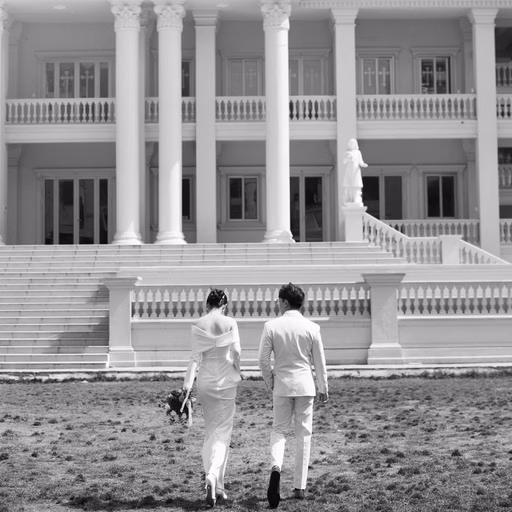 Black-and-white rear view of the bride and groom before Nhà thờ Don Bosco