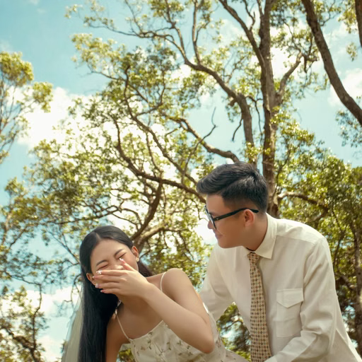 The groom covering the bride’s eyes beneath trees at Dinh Tỉnh Trưởng.