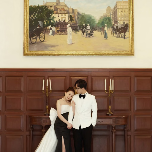 The bride rests on the groom's shoulder beside a wooden wall and large painting.