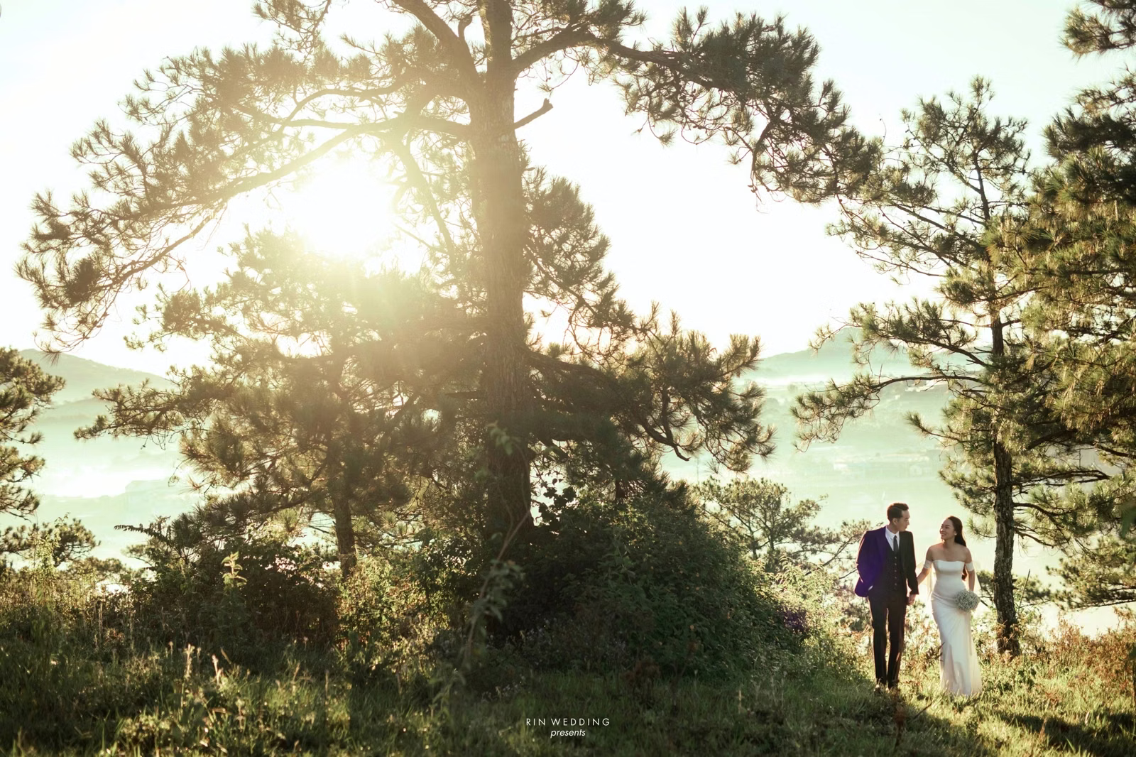 A couple walking along a grassy path among sunlit pine trees at Đồi Thông Đà Lạt