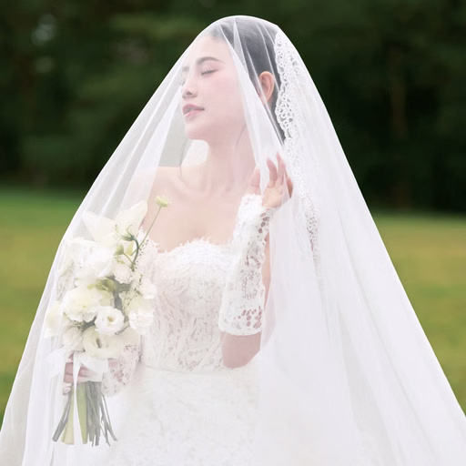 A bride holding white flowers lifts her face beneath a sheer veil at Cây Thông Cô Đơn, Đà Lạt