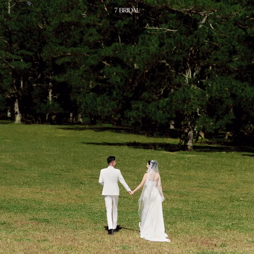The couple walking hand in hand on the lawn in front of pine trees at Cây Thông Cô Đơn, Da Lat