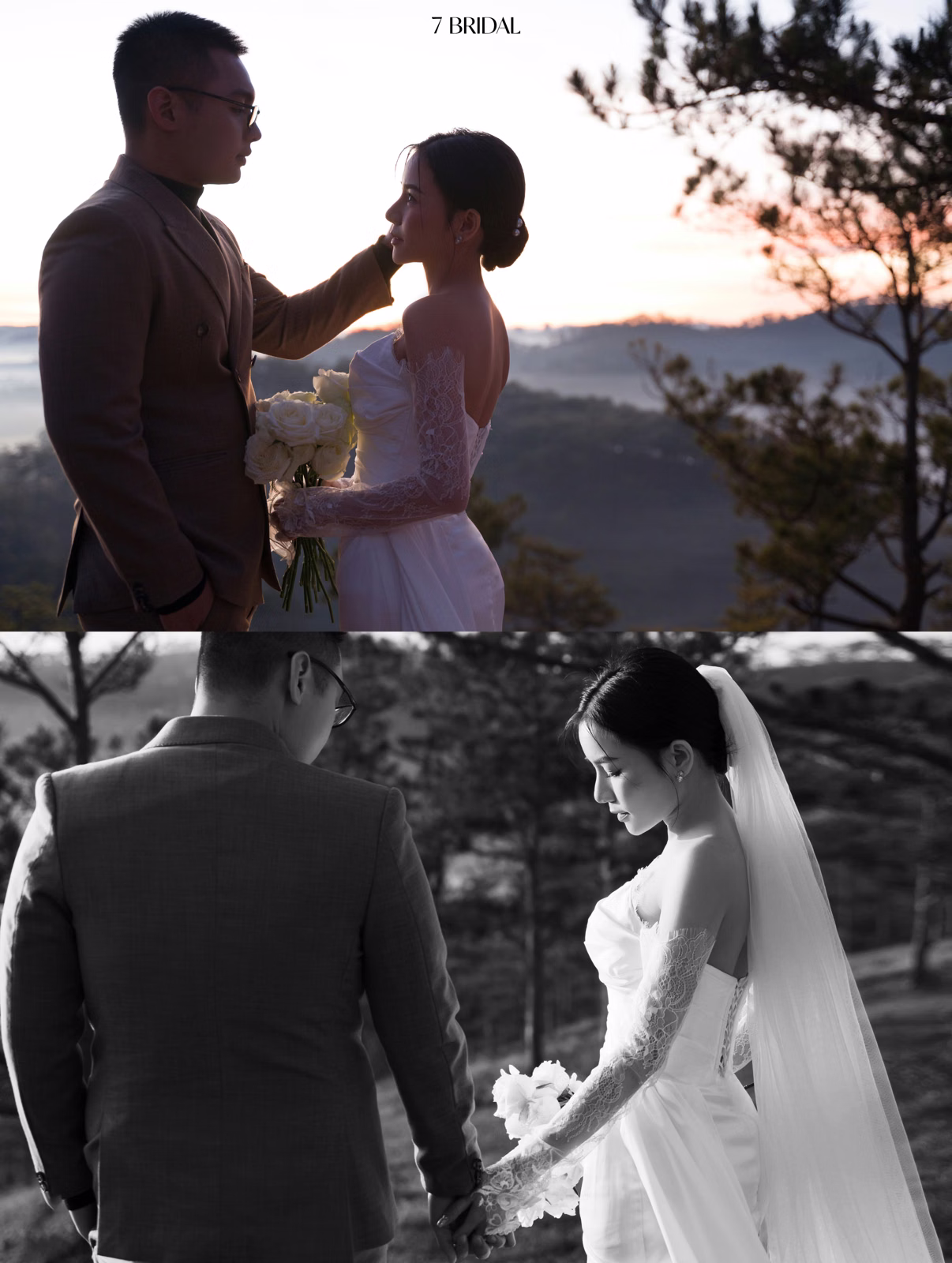 The groom touches the bride's cheek on a hill at Đồi Trọc Đà Lạt