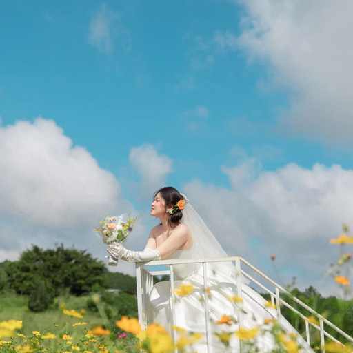 Cô dâu đứng trên cầu thang trắng giữa hoa vàng dưới trời xanh tại Hoa Trong Rừng, Đà Lạt